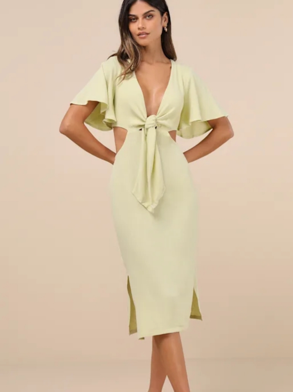 Lulu's Summer Journey Light Green / Lime Tie-Front Cutout Midi Dress